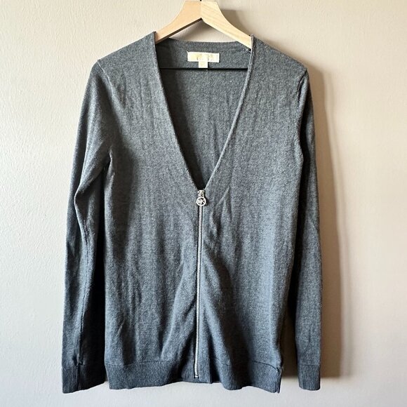 Women's S Michael Kors Zip Up Cardigan Charcoal Gray Stretch Zip Up Logo - Picture 2 of 7